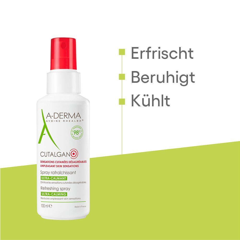 Weiße Sprühflasche mit rotem Verschluss. Aufschrift: A-DERMA, Cutalgan, Spray rafraîchissant. Grün: Erfrischt, Beruhigt, Kühlt.