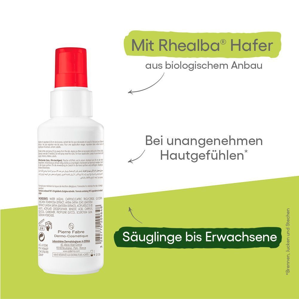 Weiße Sprühflasche. Aufschrift: A-DERMA, Cutalgan, Spray rafraîchissant. Text: Mit Rhealba Hafer aus biologischem Anbau. Für unangenehme Hautgefühle. Säuglinge bis Erwachsene.