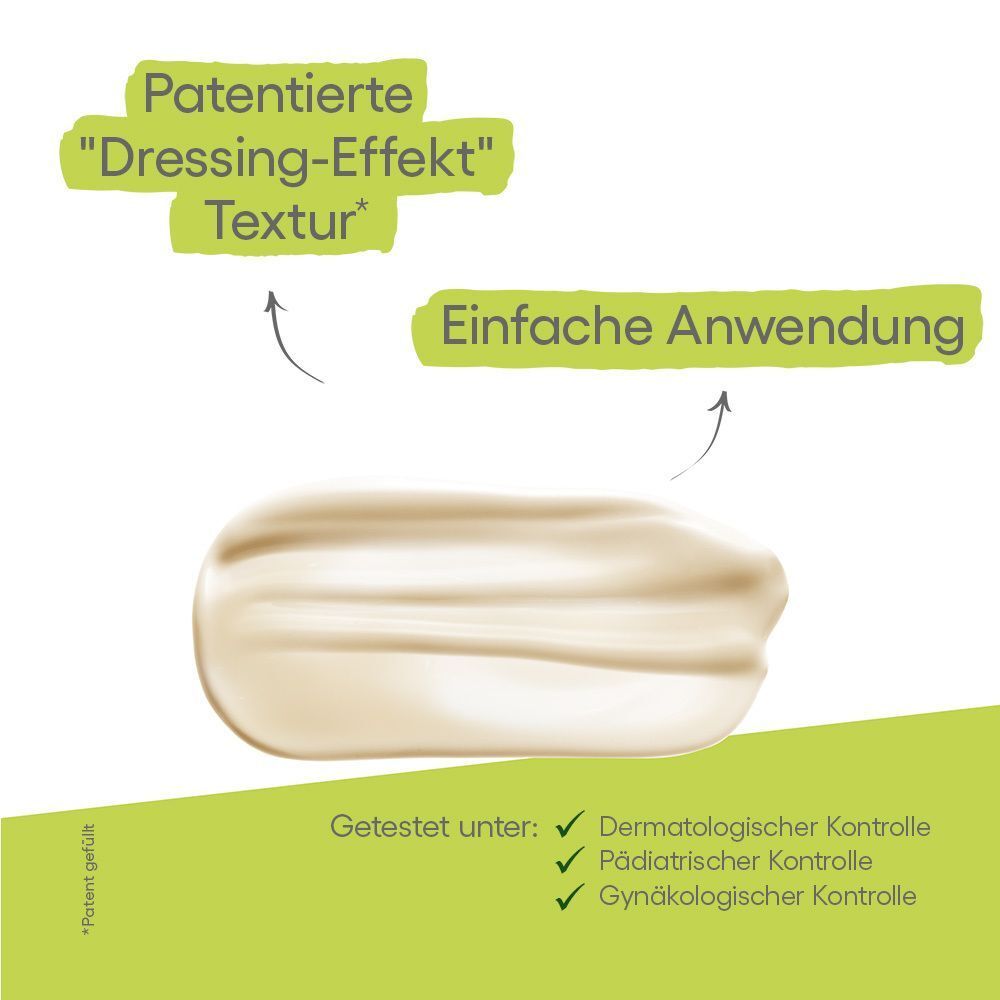 Produktprobe. Text: Patentierte "Dressing-Effekt" Textur. Einfache Anwendung. Getestet unter: Dermatologischer, Pädiatrischer, Gynäkologischer Kontrolle.