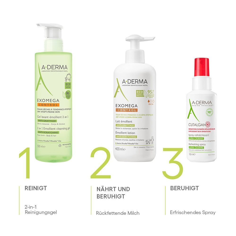 Drei A-DERMA Produkte: Reinigungs-Gel, rückfettende Milch, und Cutalgan Spray. Beschriftung: Reinigt, Nährt und beruhigt, Beruhigt.