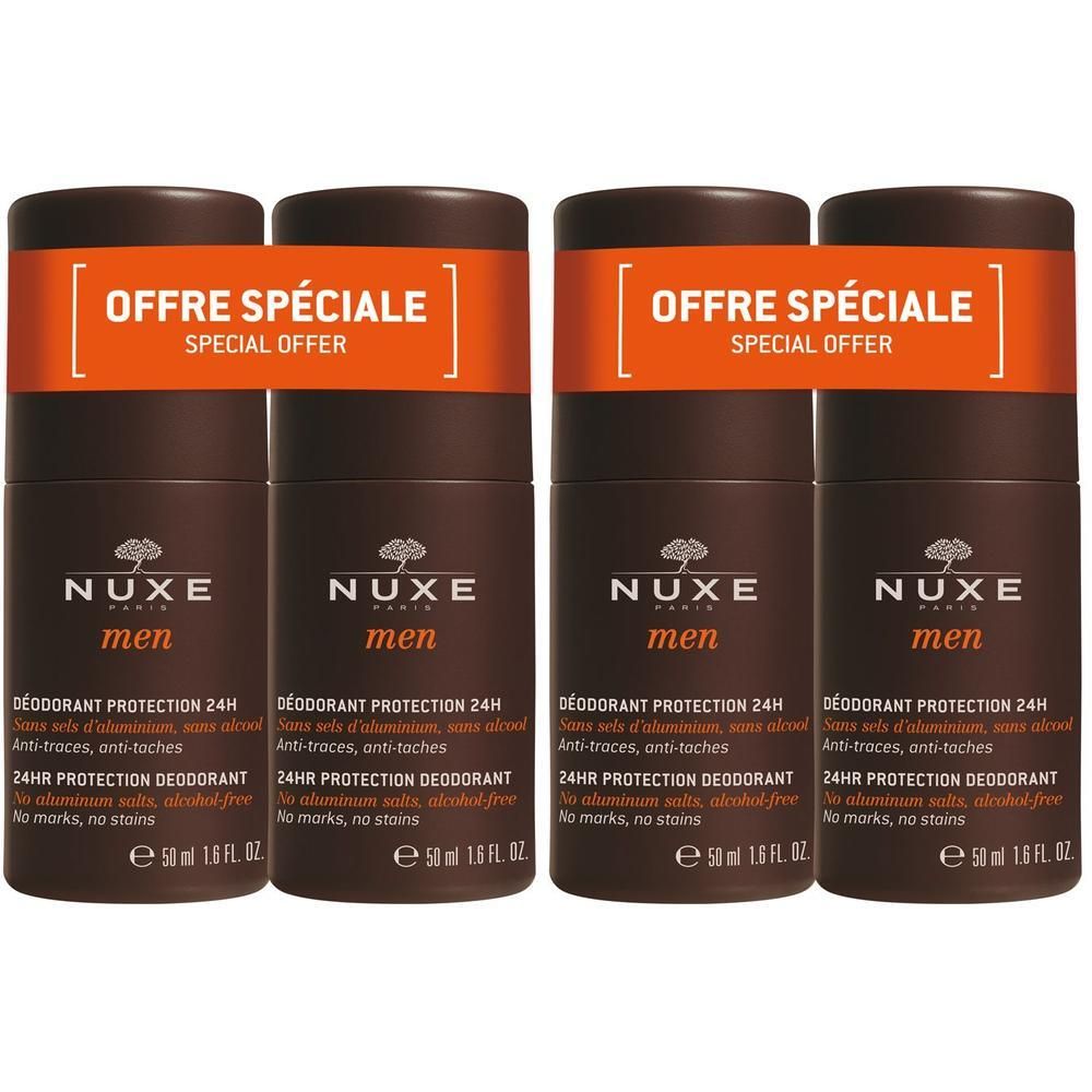 Vier Deodorant-Roller mit orangefarbenem Streifen. Aufschrift: "OFFRE SPÉCIALE". Produktname: NUXE men. 24H Schutz.