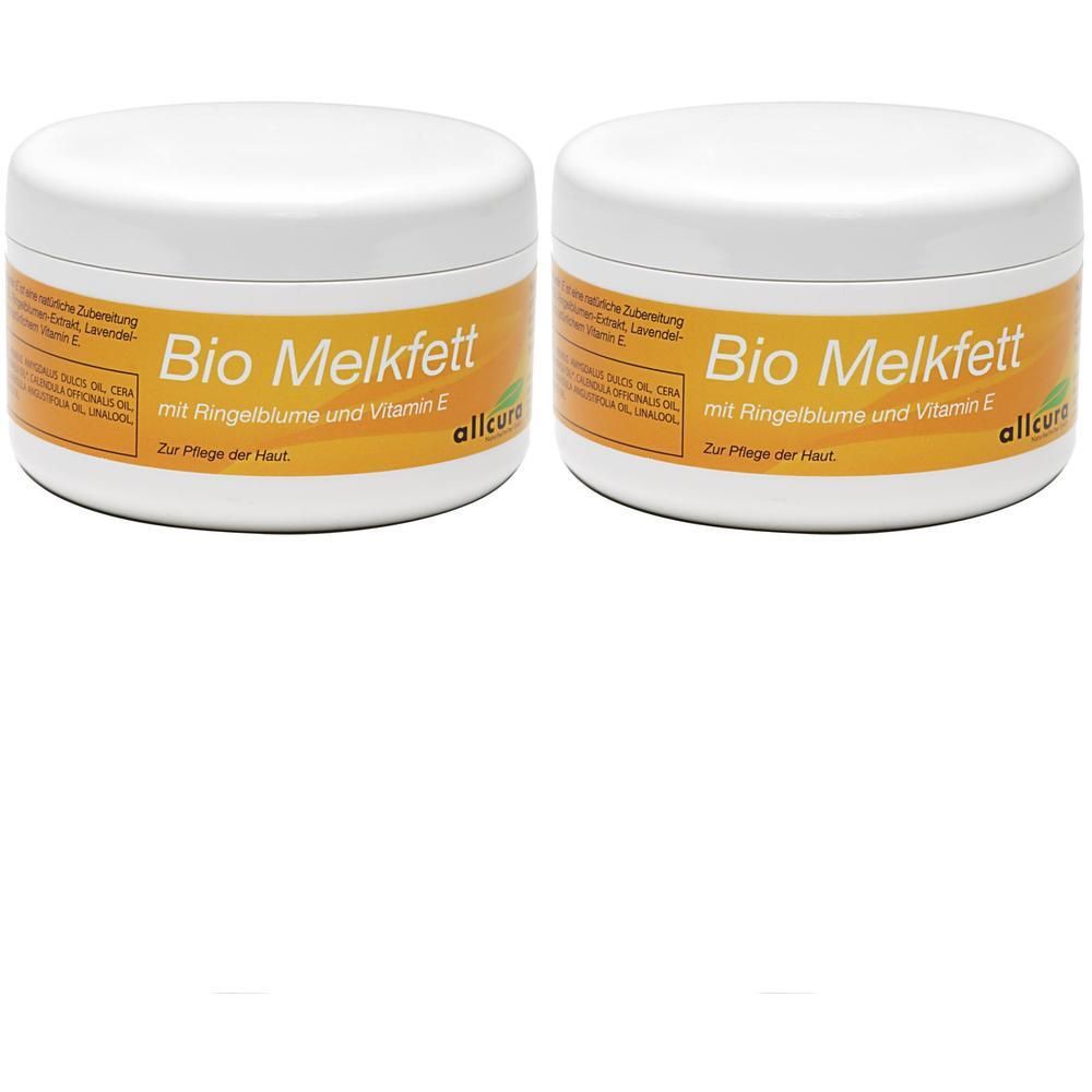 Zwei weiße Tiegel mit gelbem Etikett. Aufschrift: Bio Melkfett mit Ringelblume und Vitamin E. Allcura Logo.