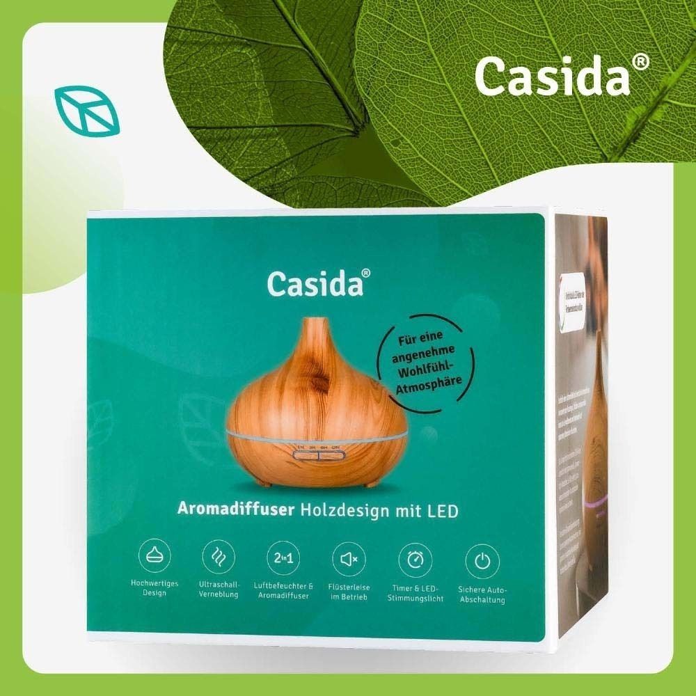 Casida Aromadiffuser Holzdign mit LED in der Einzelhandelsverpackung.