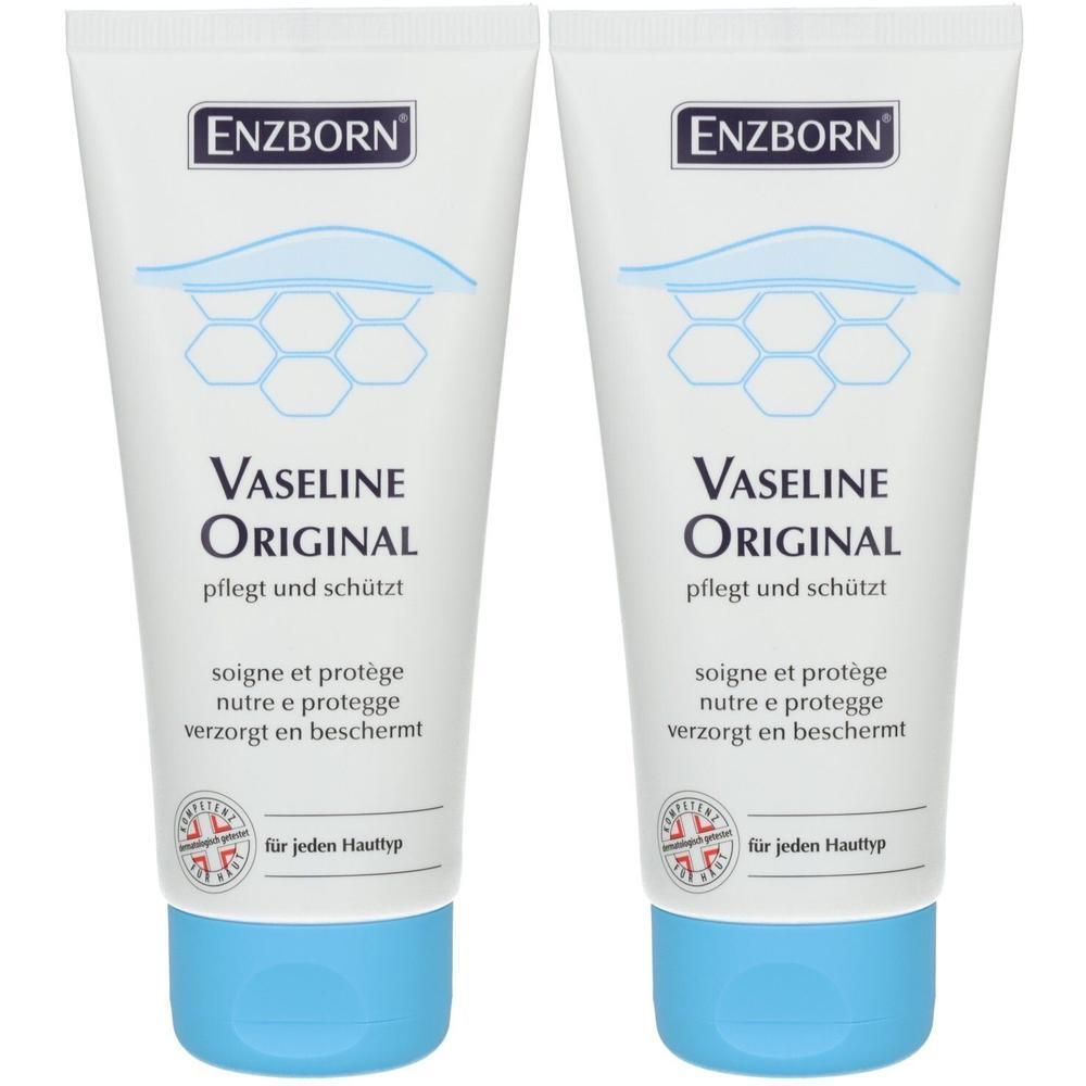Zwei Tuben ENZBORN Vaseline Original. Weiße Tuben mit blauem Verschluss. Aufschrift: Vaseline Original, pflegt und schützt.