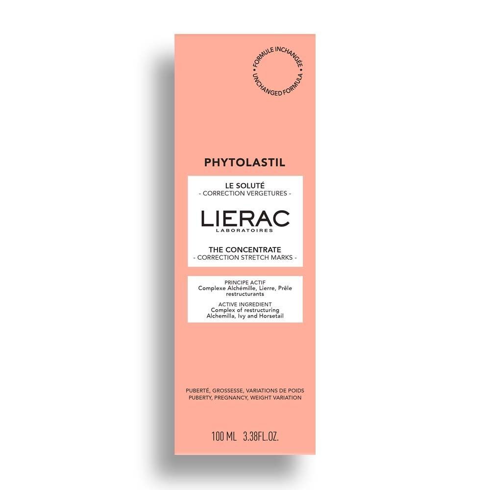 Stehende, rosa Verpackung mit LIERAC-Logo und Produktbezeichnung. Aufschrift: LE SOLUTÉ - CORRECTION VERGETURES. Mit Inhaltsangaben.