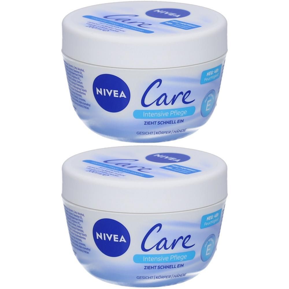 Zwei weiße Tiegel mit blauem Deckel. Aufschrift: NIVEA Care, Intensive Pflege. Text: Zieht schnell ein. Für Gesicht, Körper, Hände.