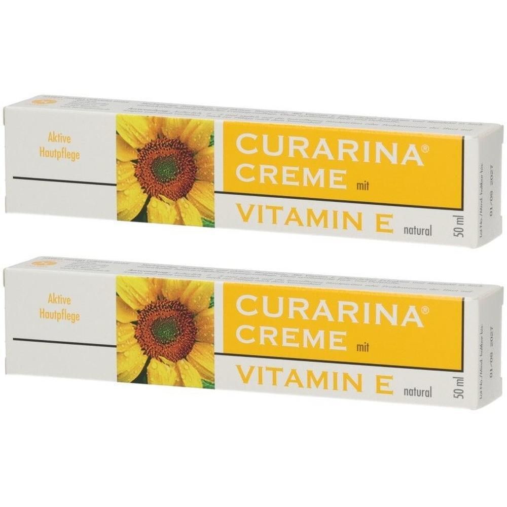 Zwei Tuben CURARINA Creme mit Vitamin E. Auf gelbem Hintergrund steht der Produktname. Auf der Tube ist eine Sonnenblume abgebildet.