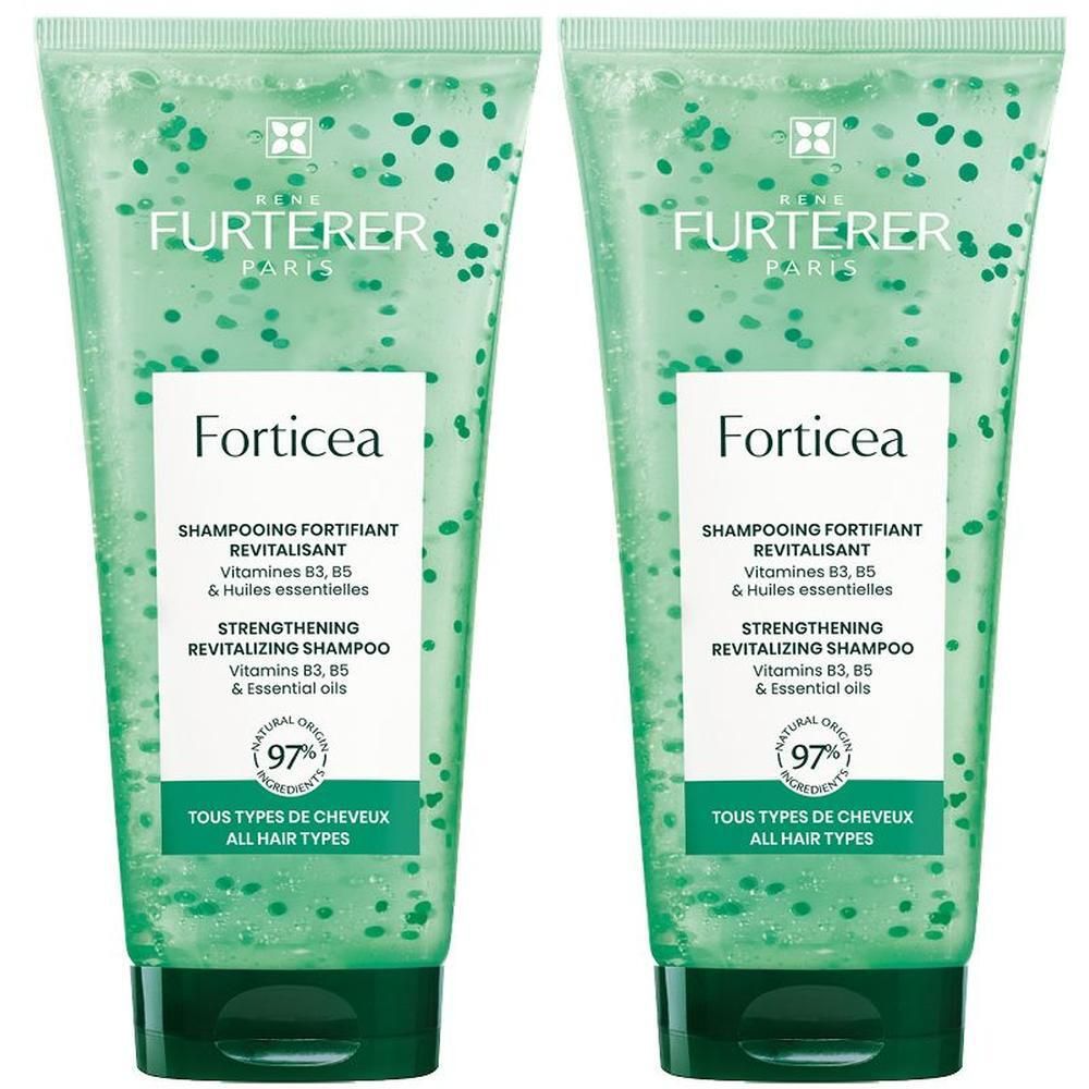 Zwei grüne Tuben Shampoo. Aufschrift: RENE FURTERER PARIS, Forticea, stärkendes Shampoo, 97% natürliche Inhaltsstoffe.