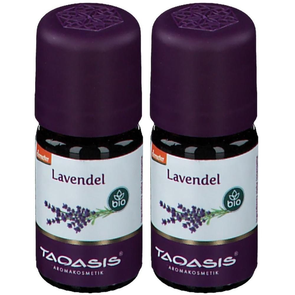 Zwei Flaschen mit lila Deckel. Auf Etikett: Lavendel, Bio-Siegel und TAOASIS Aromakosmetik.