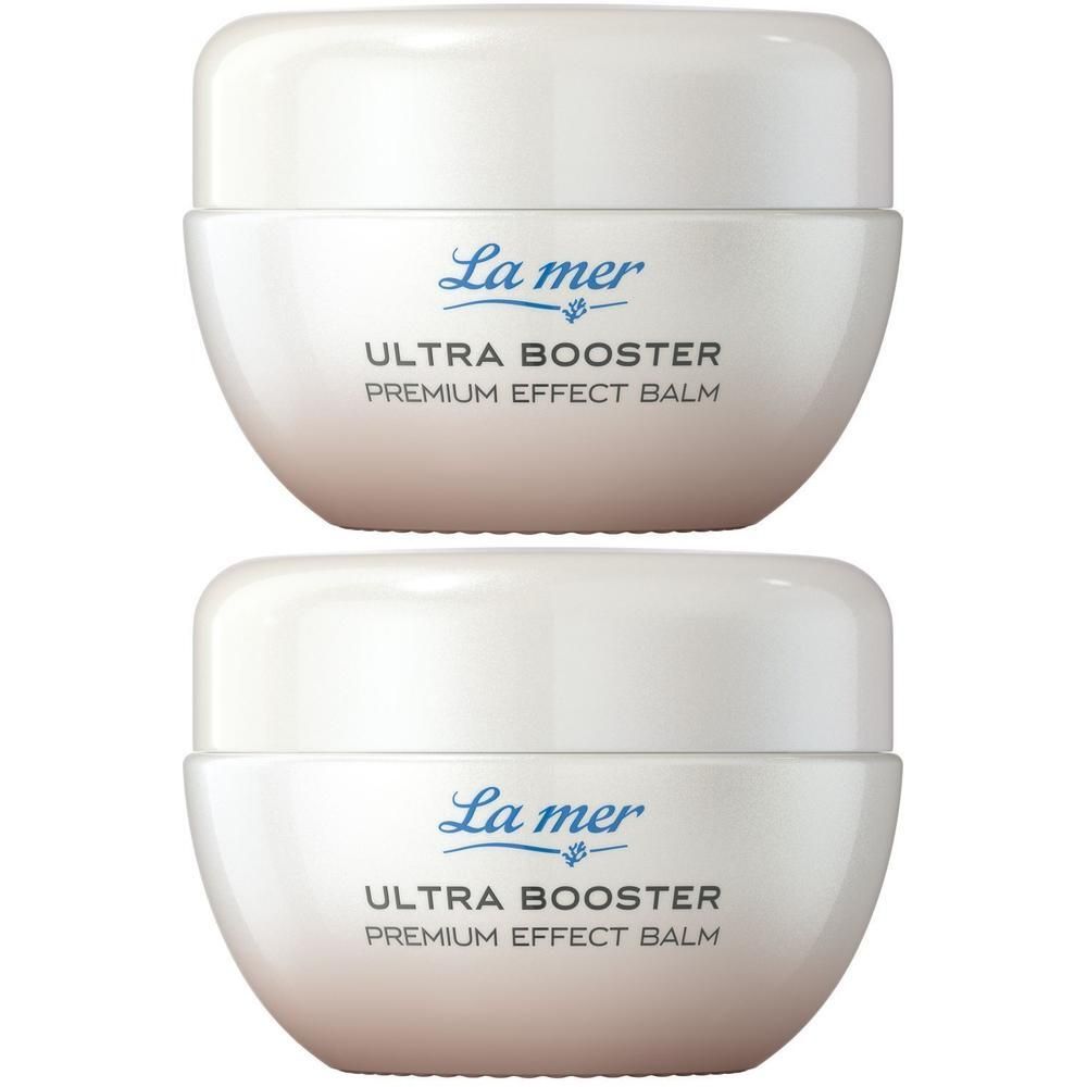 Zwei weiße Tiegel mit blauem Schriftzug "La mer" und "ULTRA BOOSTER PREMIUM EFFECT BALM".