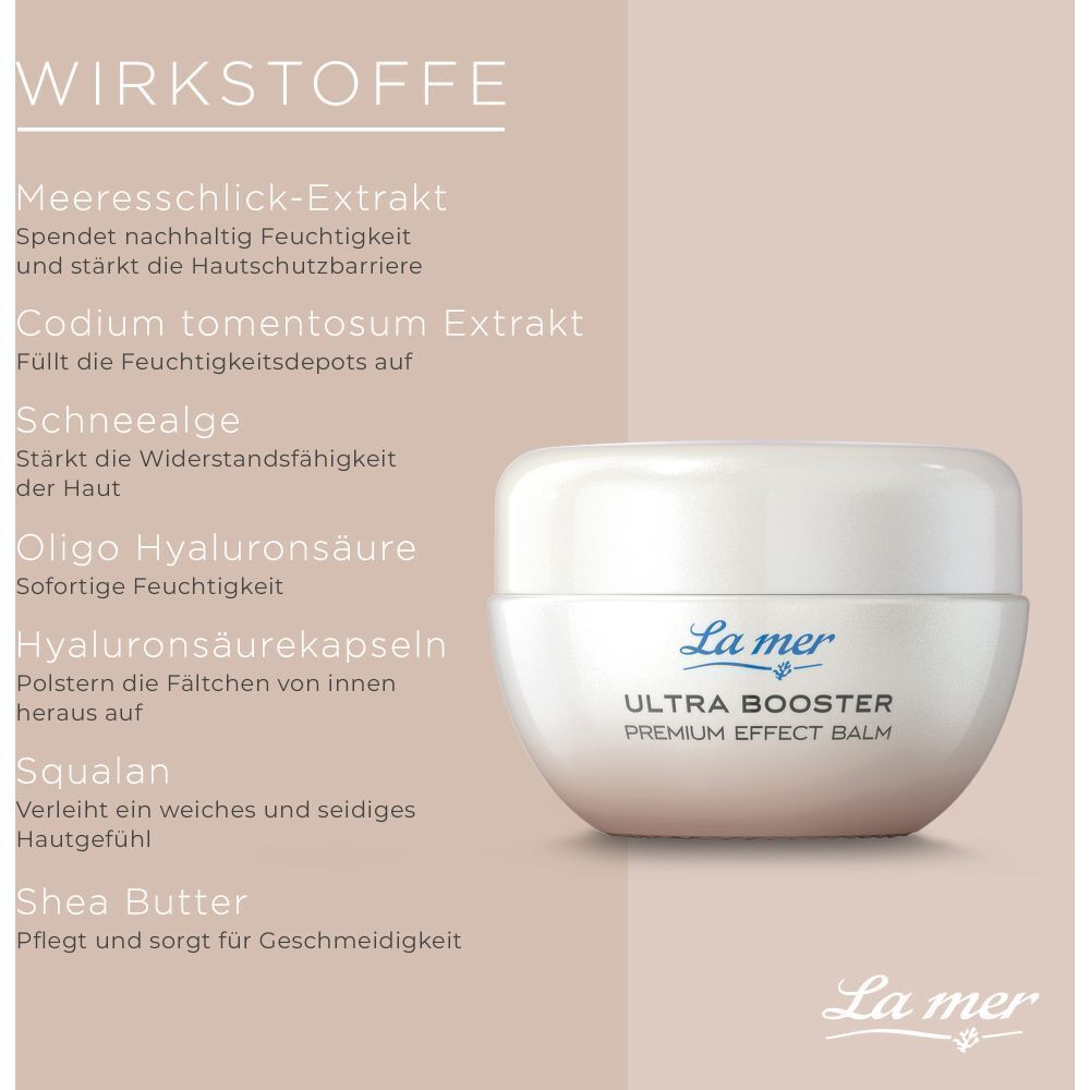 Weißer Tiegel mit "La mer" und "ULTRA BOOSTER PREMIUM EFFECT BALM" neben Inhaltsstoffliste.