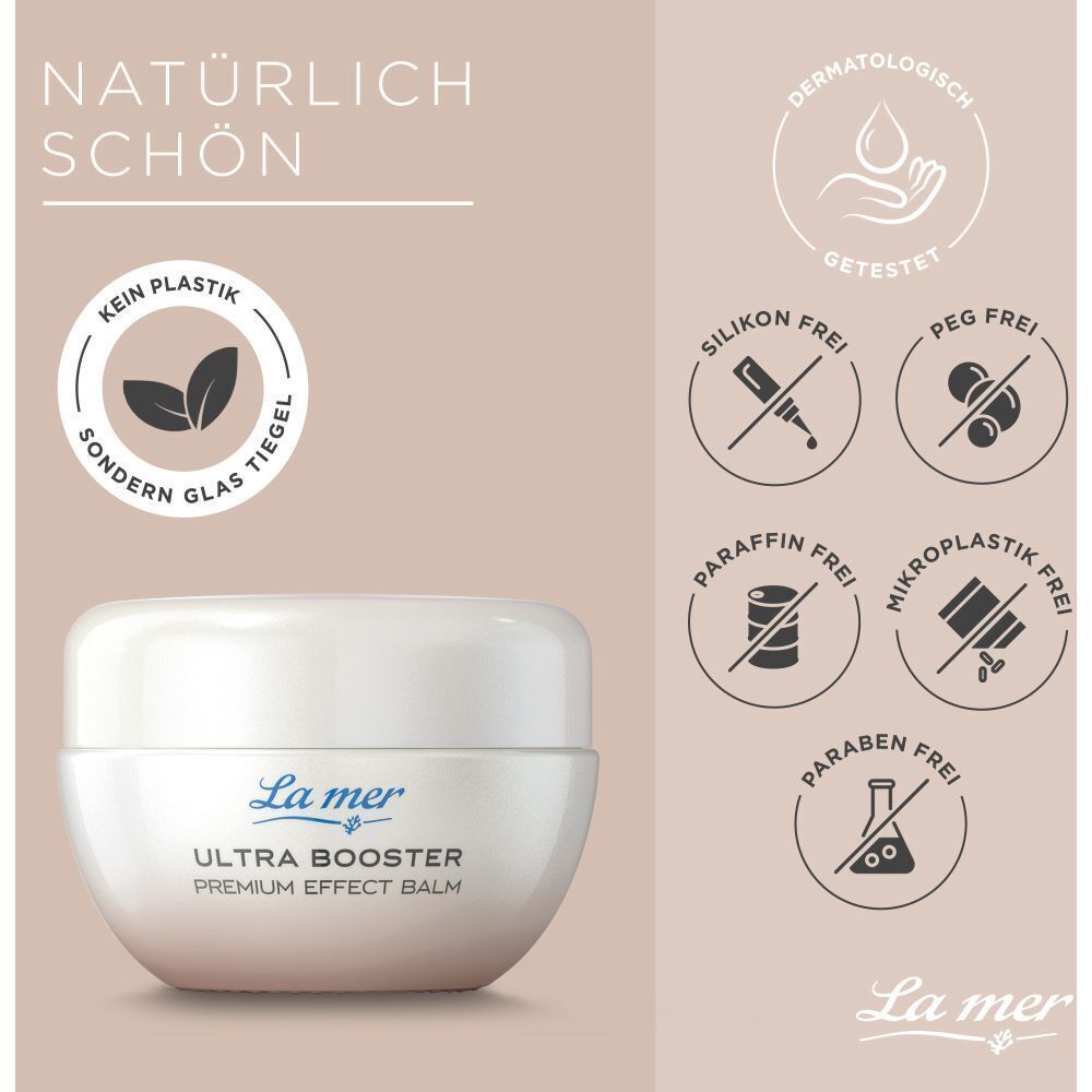 Weißer Tiegel mit "La mer" und "ULTRA BOOSTER PREMIUM EFFECT BALM" mit Siegeln für Qualität.