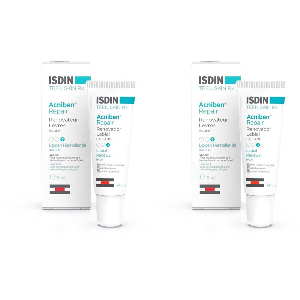 Zwei Packungen ISDIN Acniben Repair Lippenbalsam. Weiße Tuben mit blauer Schrift und Verpackung.