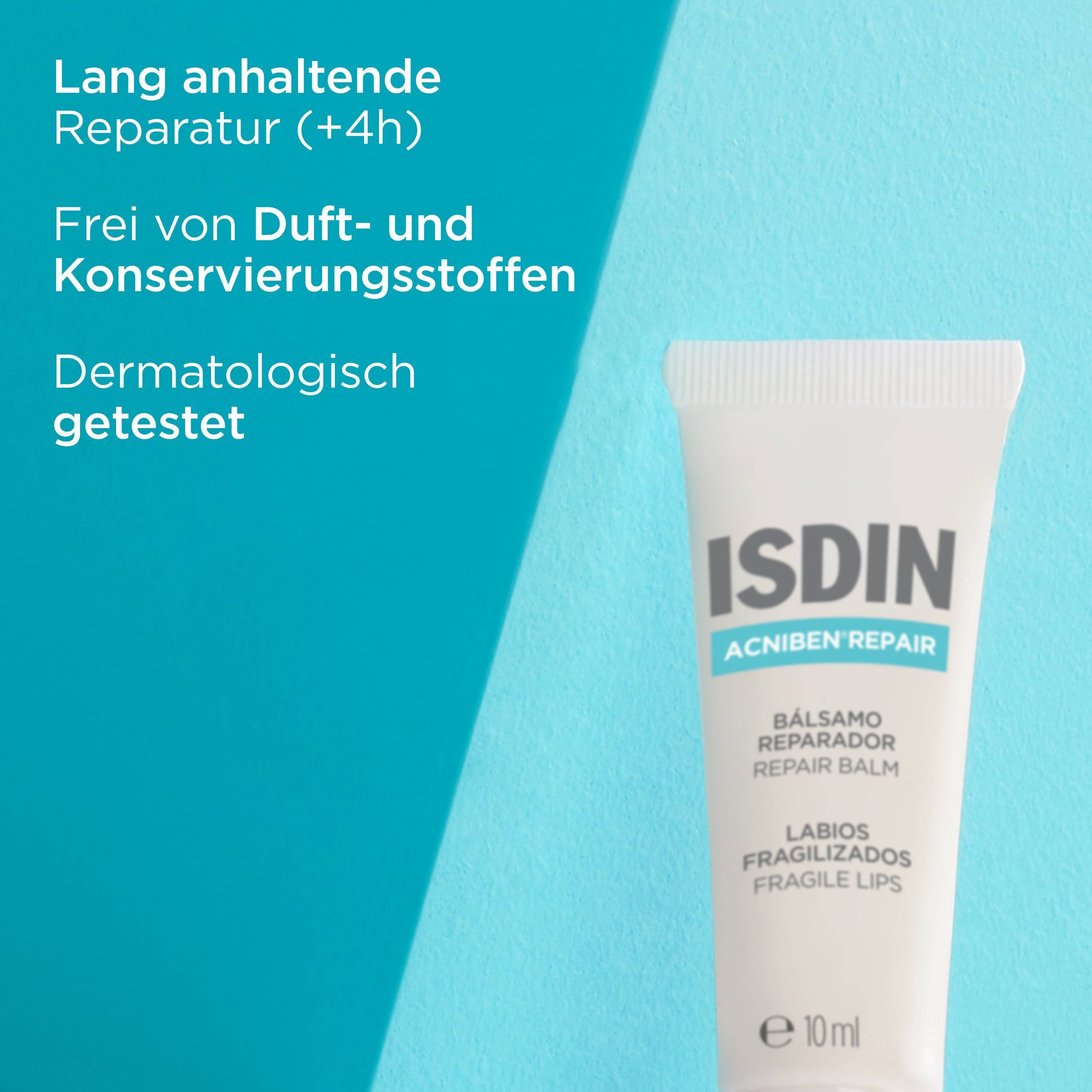 ISDIN Acniben Repair Lippenbalsam-Tube. Text: Lang anhaltende Reparatur. Frei von Duft- und Konservierungsstoffen.