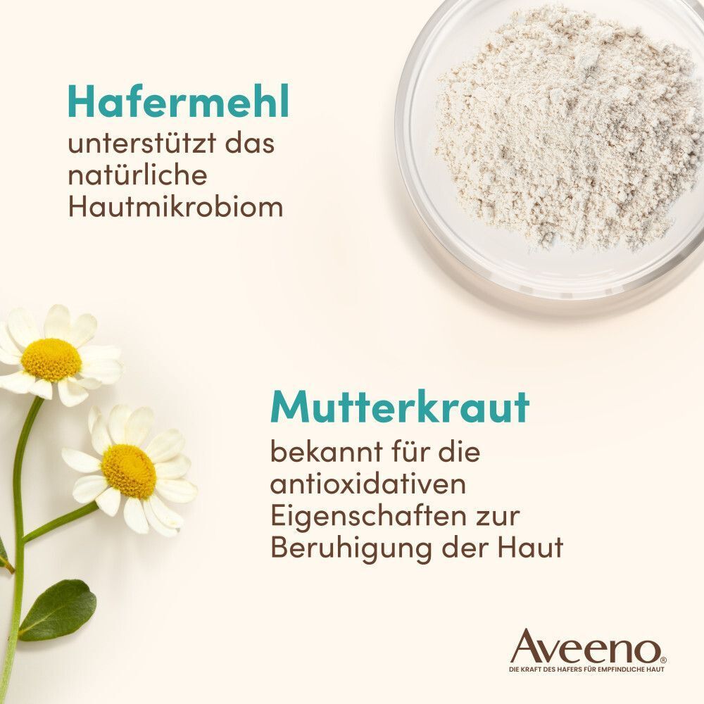 Text: Hafermehl unterstützt das natürliche Hautmikrobiom. Mutterkraut bekannt für antioxidative Eigenschaften. AVEENO Logo.