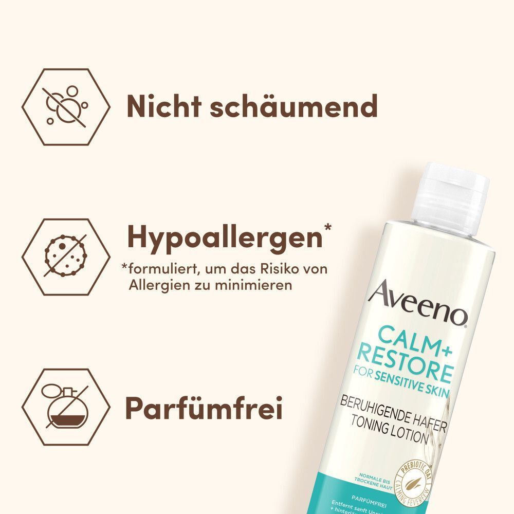 Text: Nicht schäumend, hypoallergen, parfümfrei. AVEENO Calm+ Restore Toning Lotion. Illustrationen.