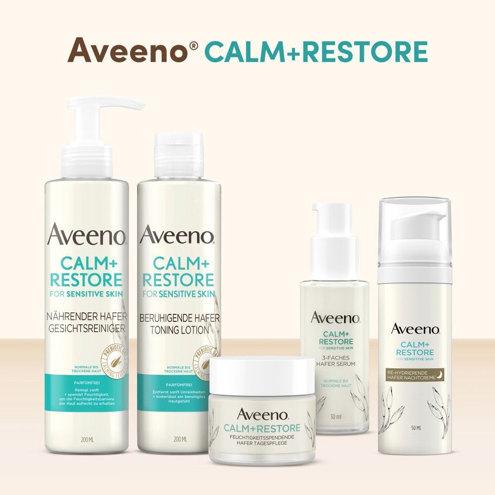 Verschiedene AVEENO Calm+ Restore Produkte: Gesichtsreiniger, Toning Lotion, 2-Phasen Hafer Serum, Feuchtigkeitspflege, Creme.