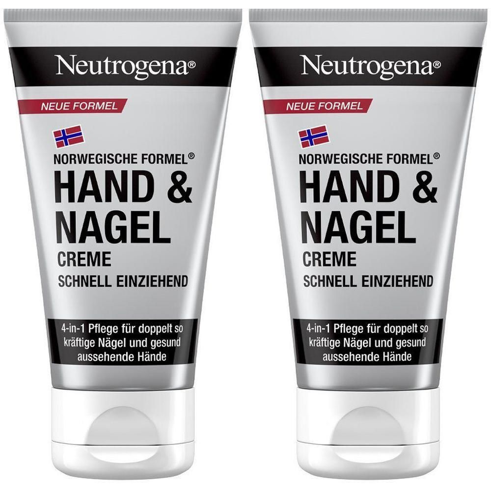 Zwei Tuben Handcreme. Aufschrift: Neutrogena, Norwegische Formel, Hand & Nagel Creme, schnell einziehend. Weiße Tube mit grauem Deckel.