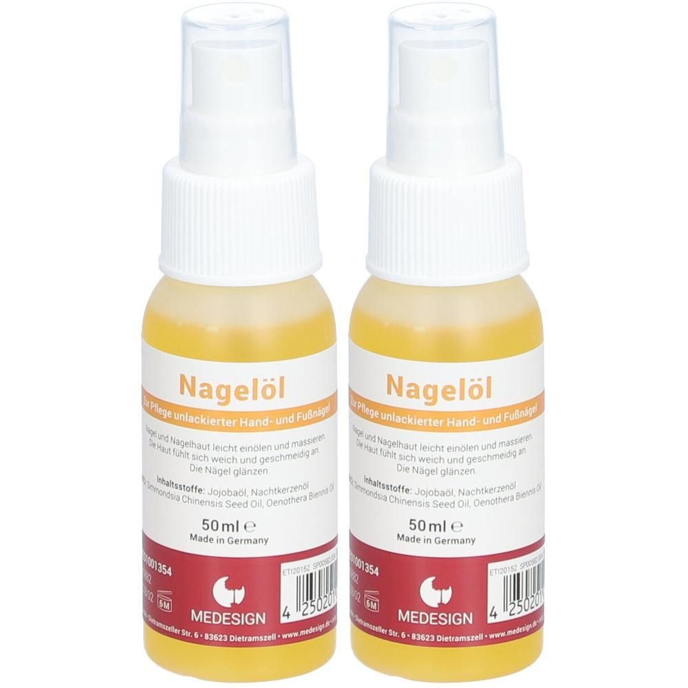 Zwei Flaschen Nagelöl mit Sprühkopf. Aufschrift Nagelöl, 50 ml. Marke MEDESIGN. Made in Germany.