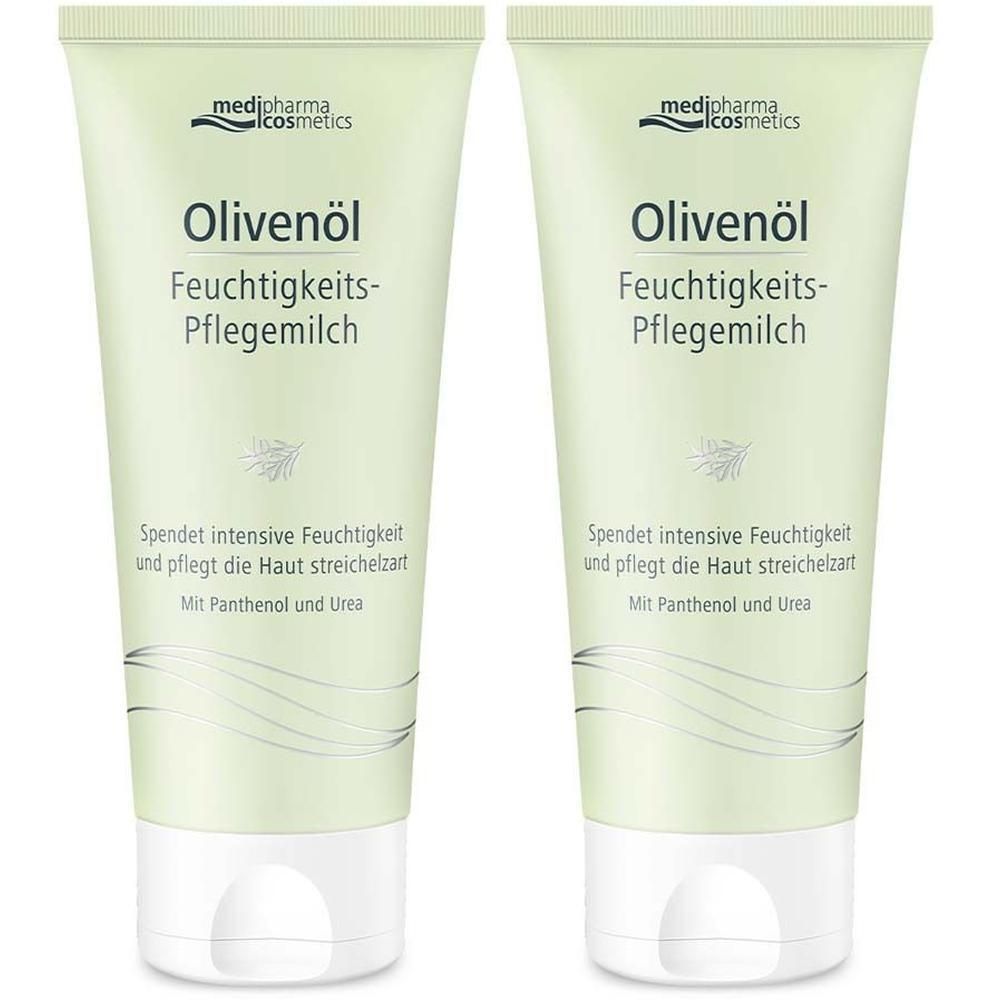 Zwei Tuben Olivenöl Feuchtigkeits-Pflegemilch. Hellgrüne Tuben mit weißem Verschluss. Text: medipharma cosmetics, Olivenöl, Feuchtigkeits-Pflegemilch.