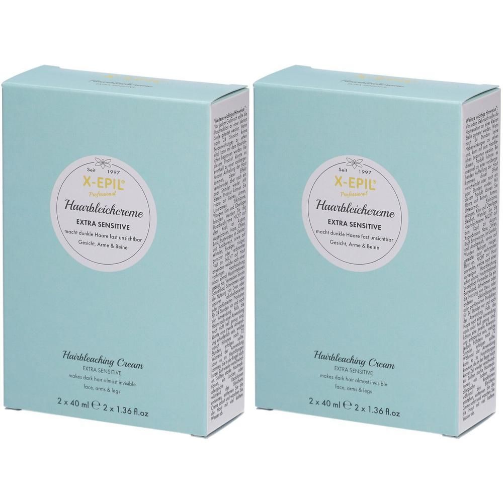 Zwei hellblaue Kartons mit Produktaufdruck. Aufschrift: X-EPIL Haarbleichcreme, Extra Sensitive. Unten: Hairbleaching Cream, 2 x 40 ml.