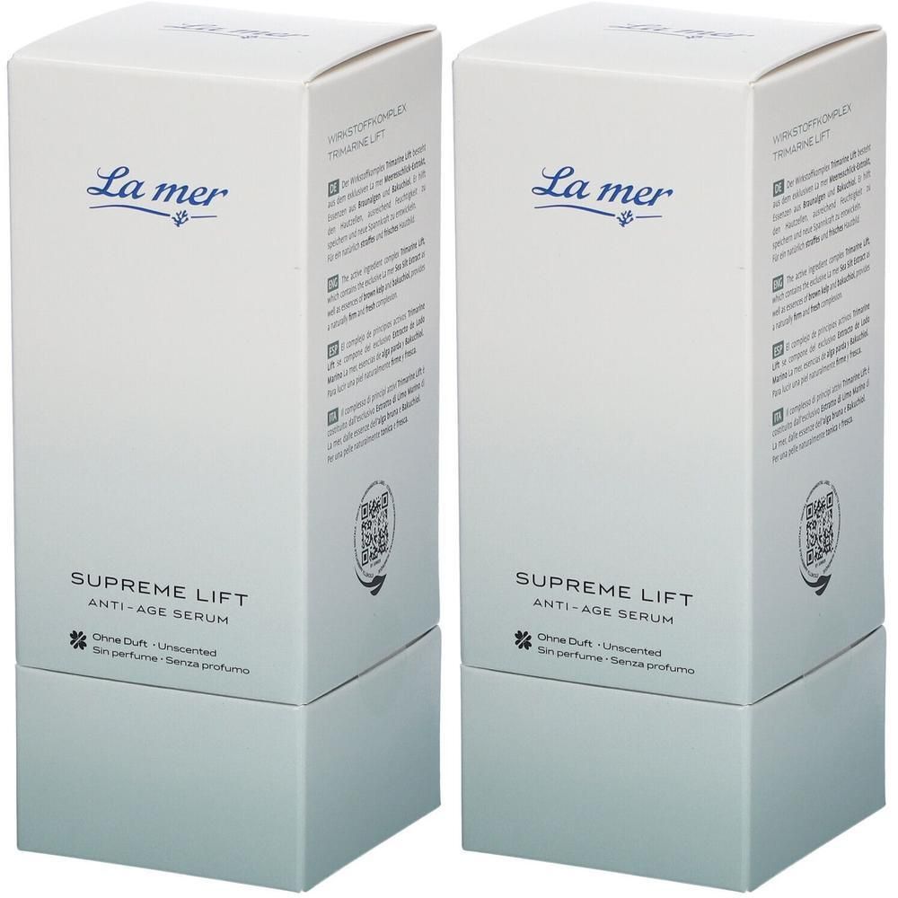 Zwei weiße Kartons mit blauem La Mer-Logo und Produktbezeichnung Supreme Lift Anti-Age Serum. Ohne Duft.