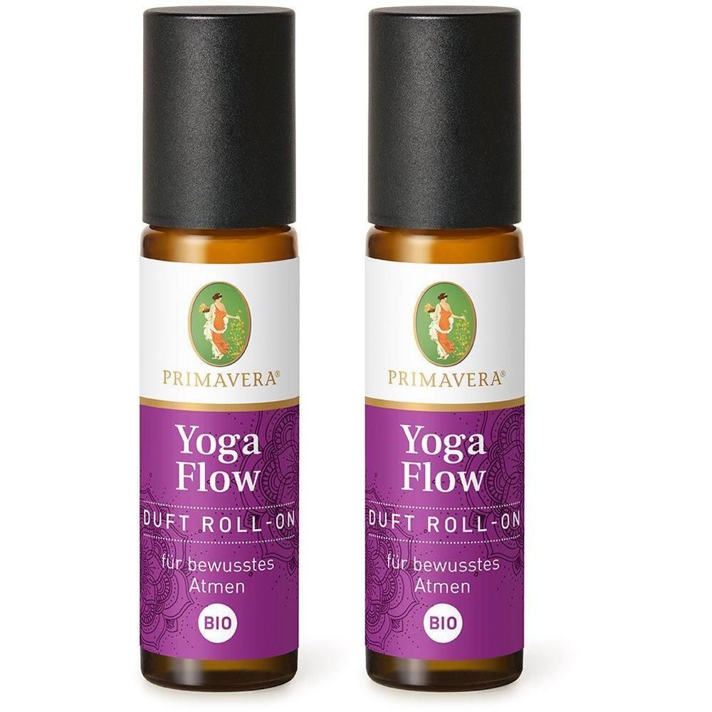 Zwei Roll-On-Flaschen mit schwarzem Deckel. Aufschrift: PRIMAVERA, Yoga Flow, DUFT ROLL-ON, für bewusstes Atmen, BIO.