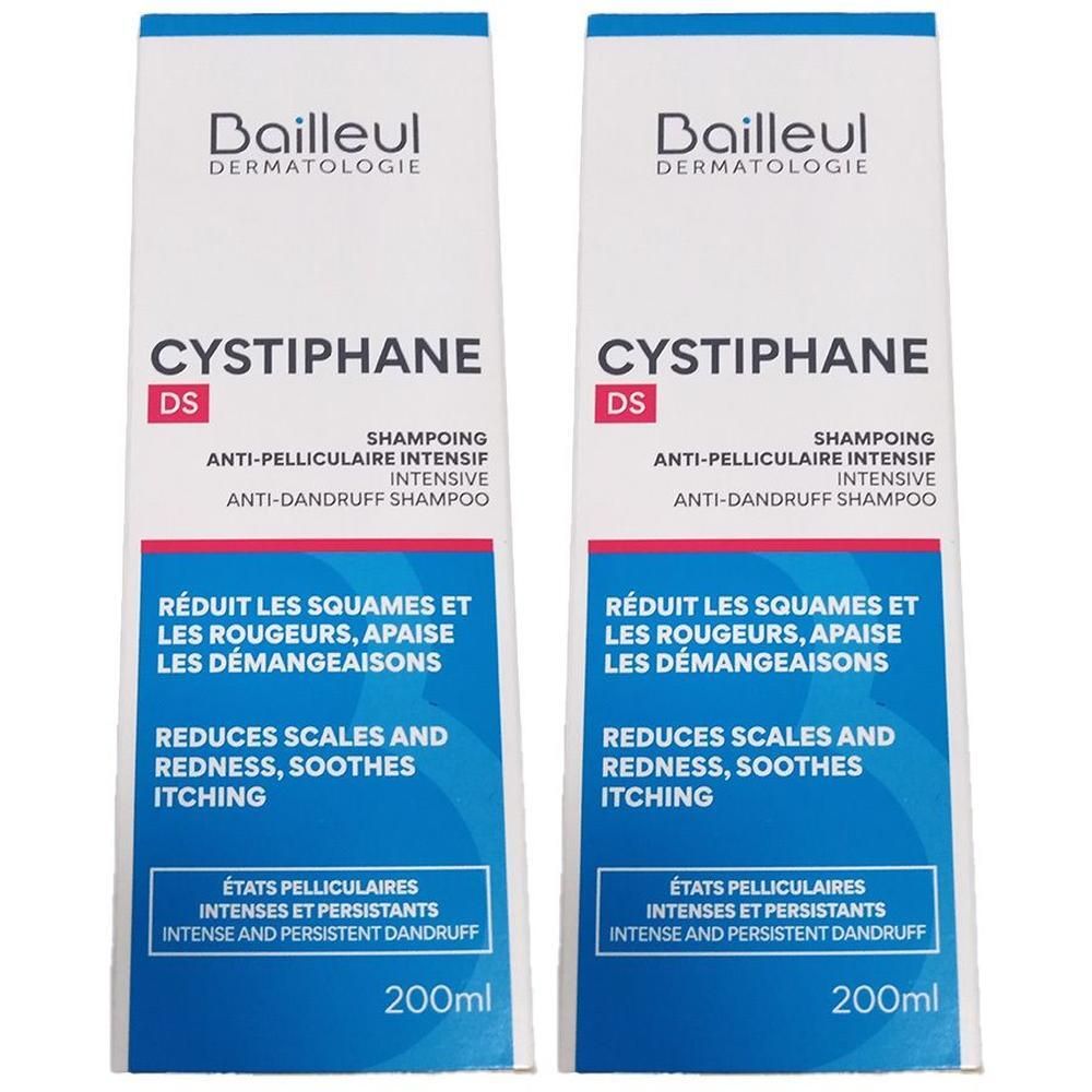 Zwei Flaschen CYSTIPHANE DS Anti-Schuppen Shampoo. Weiß-blaue Verpackung mit Produktnamen und Text. 200ml.