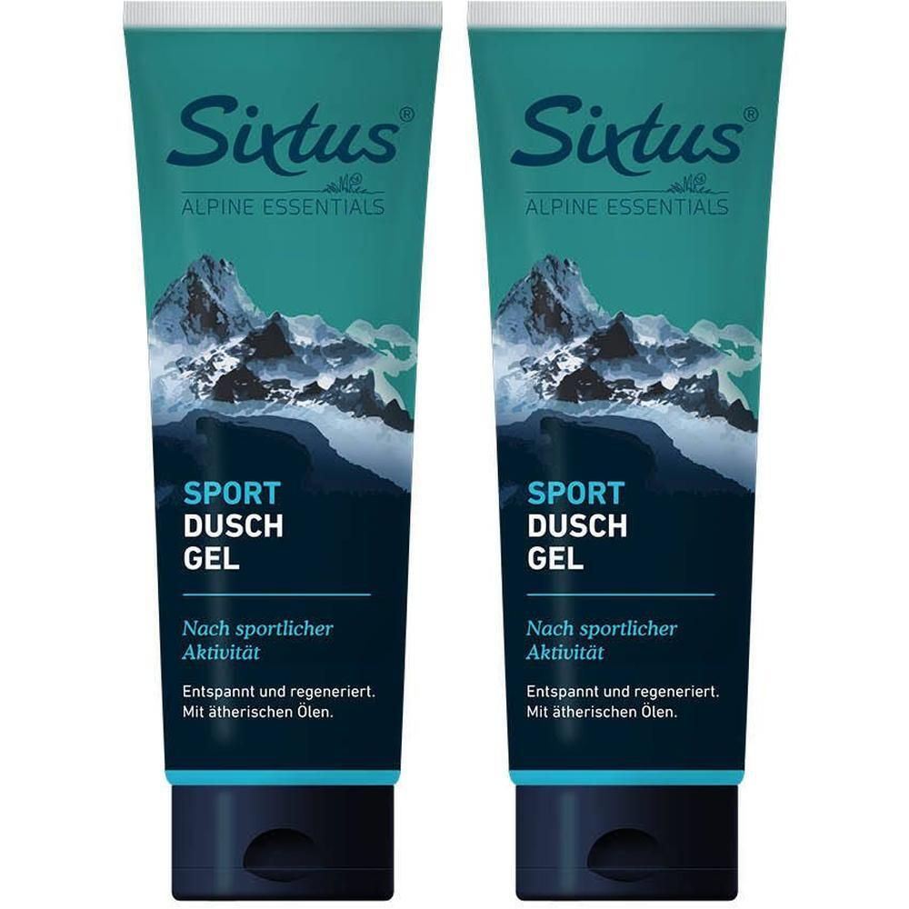 Zwei Tuben Sixtus® Sport Duschgel. Türkis-weiße Verpackung mit Bergmotiv und Produktbezeichnung. Schwarzer Deckel.