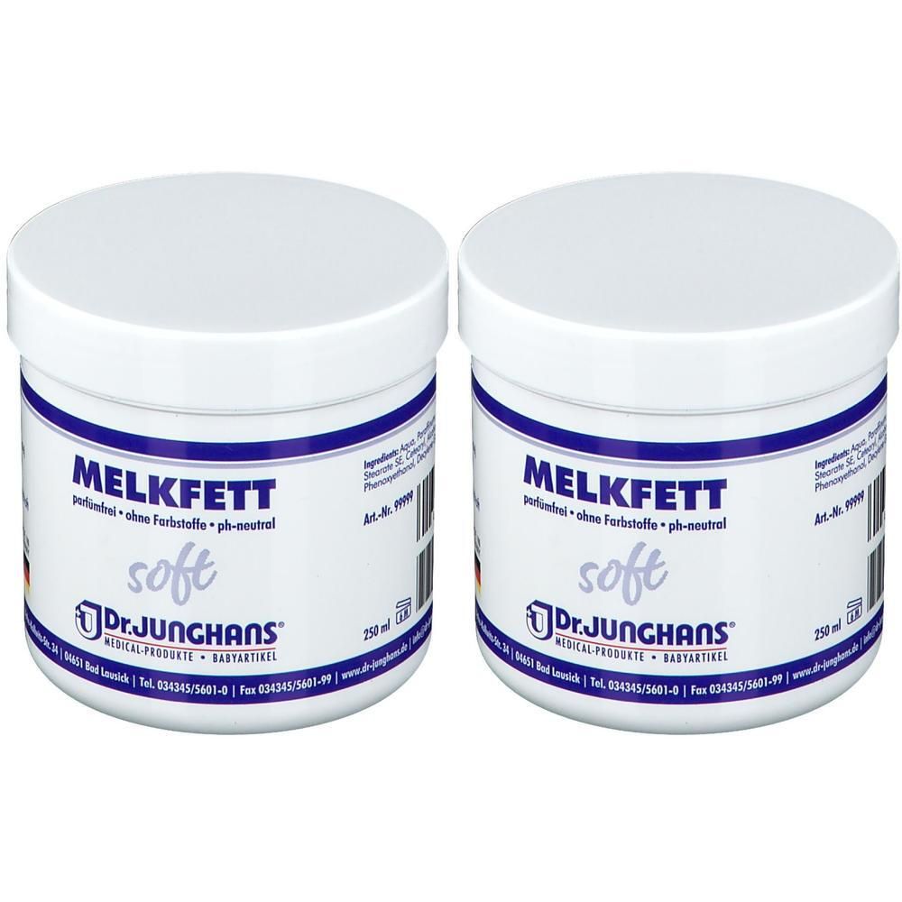 Zwei weiße Tiegel mit Deckel. Aufschrift: MELKFETT soft, Dr. Junghans. Blaue und schwarze Schrift. 250 ml.