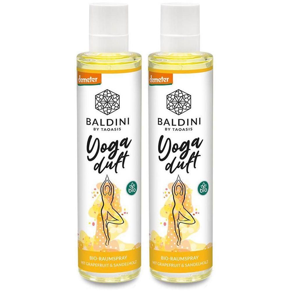 Zwei Flaschen mit weißem Sprühkopf. Aufschrift: BALDINI, Yoga duft, Bio-Raumspray. Demeter-Siegel.