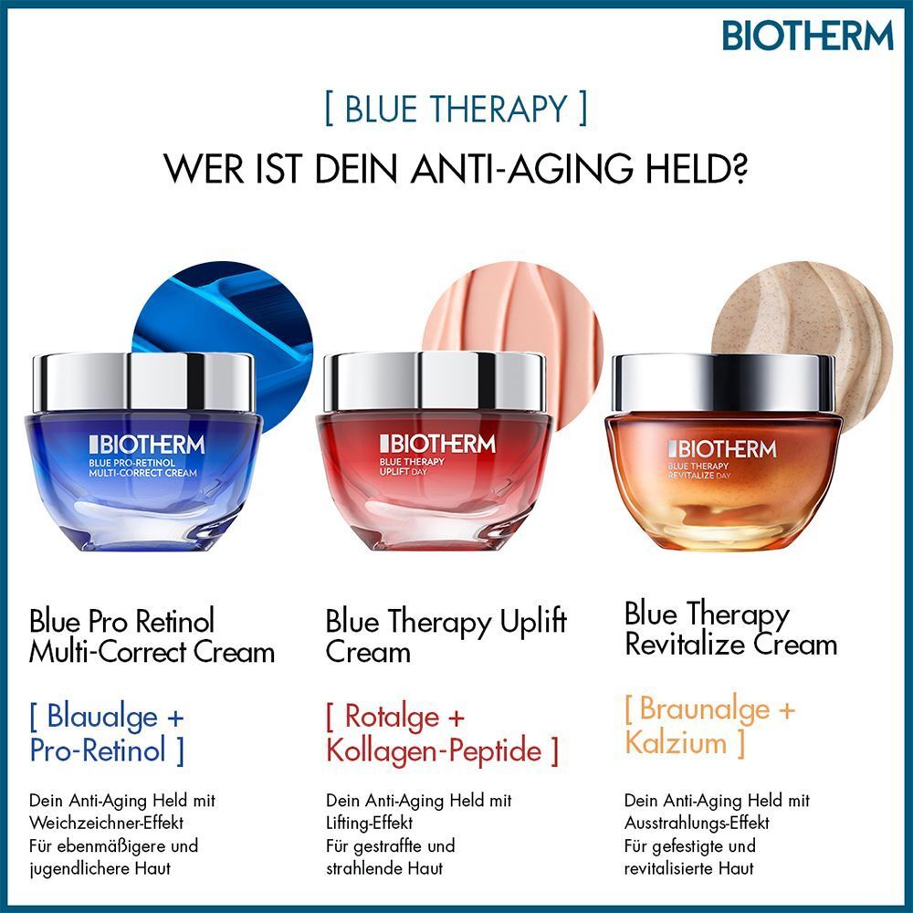 Drei Tiegel BIOTHERM Blue Therapy. Blau, rot und orange. Text: Blue Pro Retinol, Blue Therapy Uplift, Blue Therapy Revitalize.