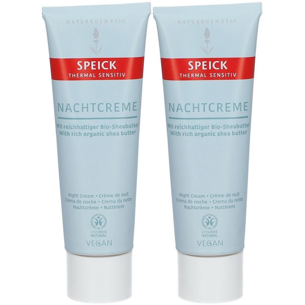 Zwei Tuben Nachtcreme. Hellblaue Tuben mit rotem Streifen und weißem Verschluss. Aufschrift: SPEICK, NACHTCREME, VEGAN.