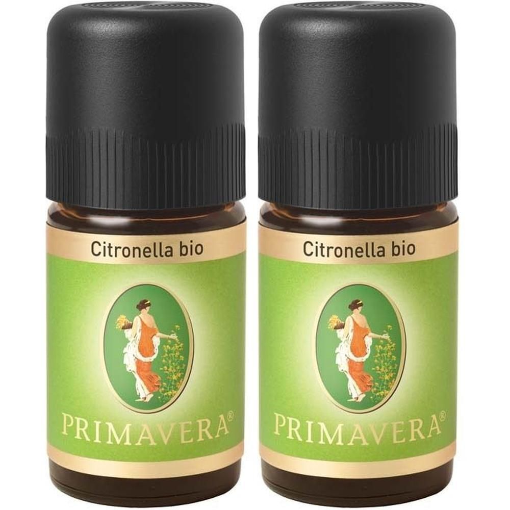 Zwei braune Glasflaschen mit schwarzem Deckel. Aufschrift: Citronella bio und PRIMAVERA. Etikett mit Frau und Blumen.