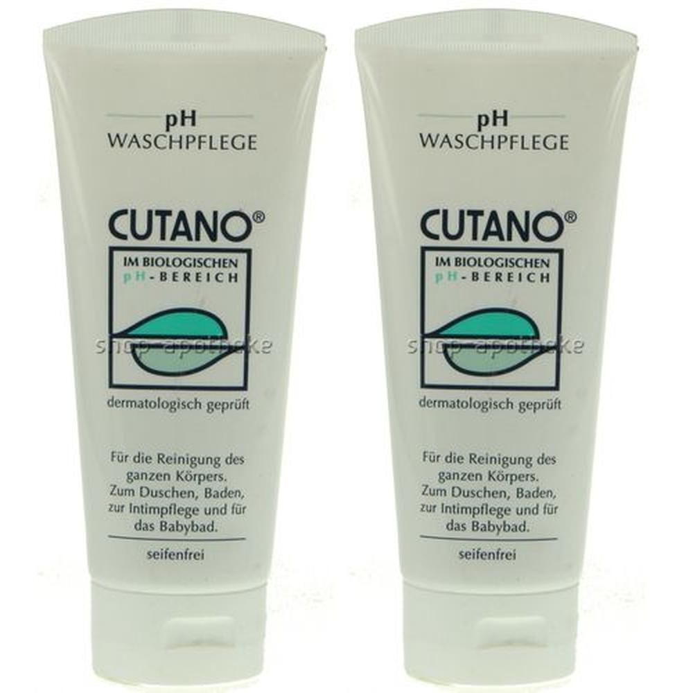 Zwei weiße Tuben mit Produkttext. Aufschrift: CUTANO®, pH-Waschpflege, dermatologisch geprüft. Für Körperreinigung, Intimpflege.