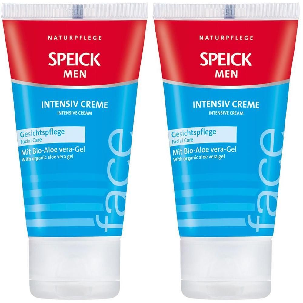 Zwei Tuben SPEICK Men Intensiv Creme. Rote und blaue Farbgebung. Text: Gesichtspflege, Mit Bio-Aloe vera-Gel. Naturpflege.