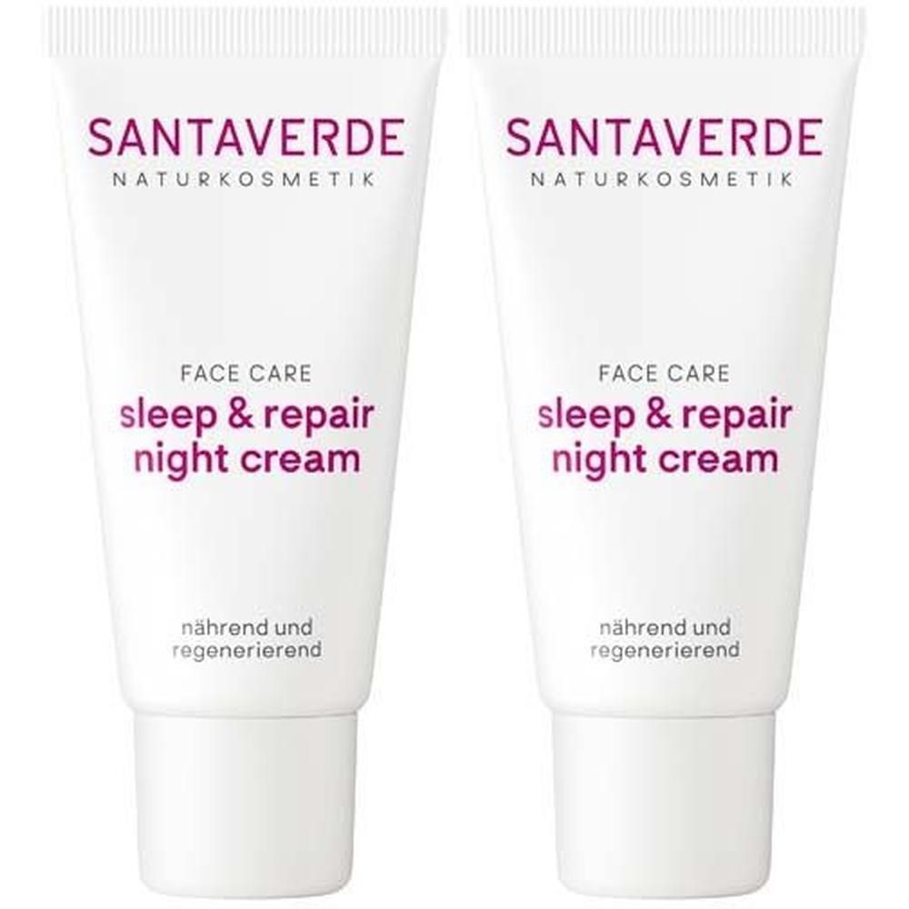 Zwei Tuben Nachtcreme. Weiß, mit lila Schrift. Aufschrift: SANTAVERDE, FACE CARE, sleep & repair night cream.