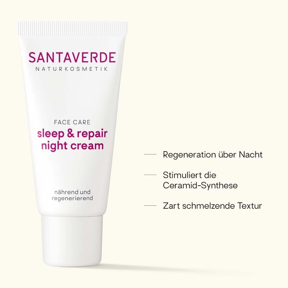 Tube Nachtcreme. Weiß, mit lila Schrift. Text: SANTAVERDE, FACE CARE, sleep & repair night cream. Text daneben.