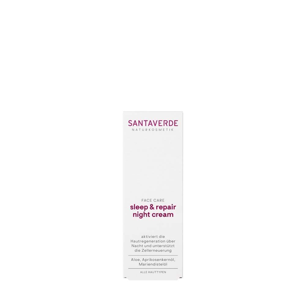 Verpackung Nachtcreme. Weiß, mit lila Schrift. Text: SANTAVERDE, FACE CARE, sleep & repair night cream.
