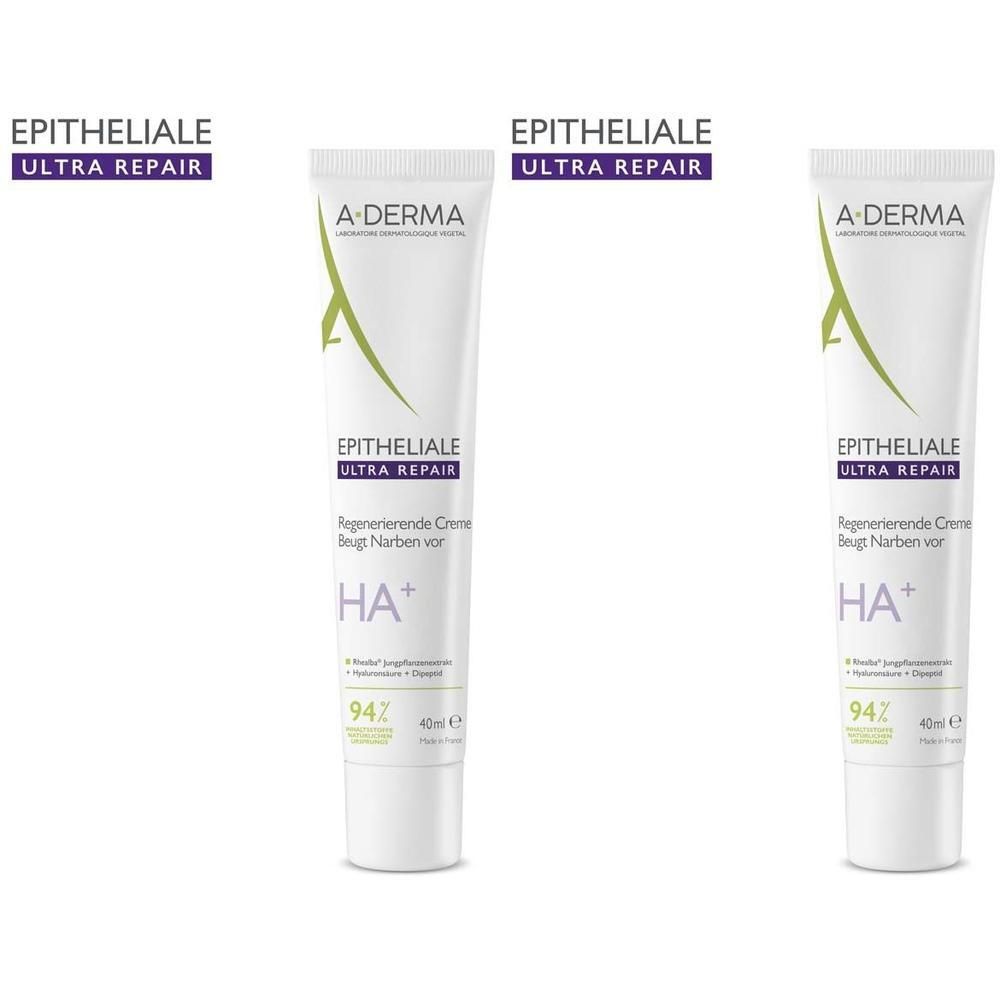 Drei Tuben A-DERMA EPITHELIALE ULTRA REPAIR Creme. Weiße Tuben mit grüner Schrift und Logo. Text: EPITHELIALE ULTRA REPAIR.