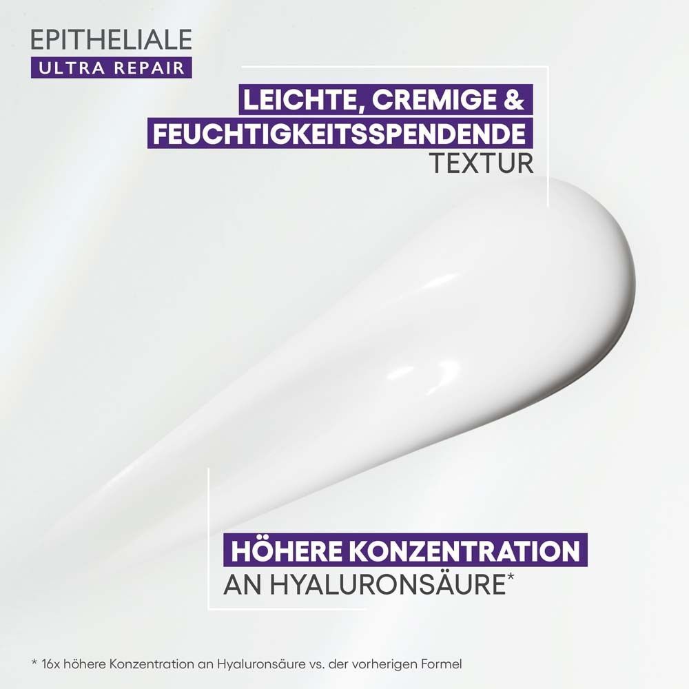 Nahaufnahme von Creme. Text: EPITHELIALE ULTRA REPAIR. Text: Leichte, cremige & feuchtigkeitsspendende Textur. Höhere Konzentration an Hyaluronsäure.