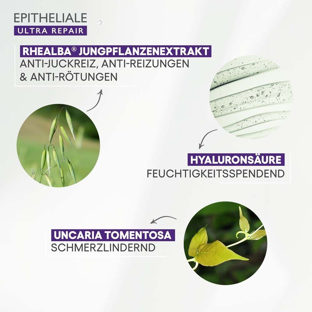 Grafische Darstellung von Inhaltsstoffen. Text: EPITHELIALE ULTRA REPAIR. Rhealba Jungpflanzenextrakt, Hyaluronsäure, Uncaria Tomentosa.