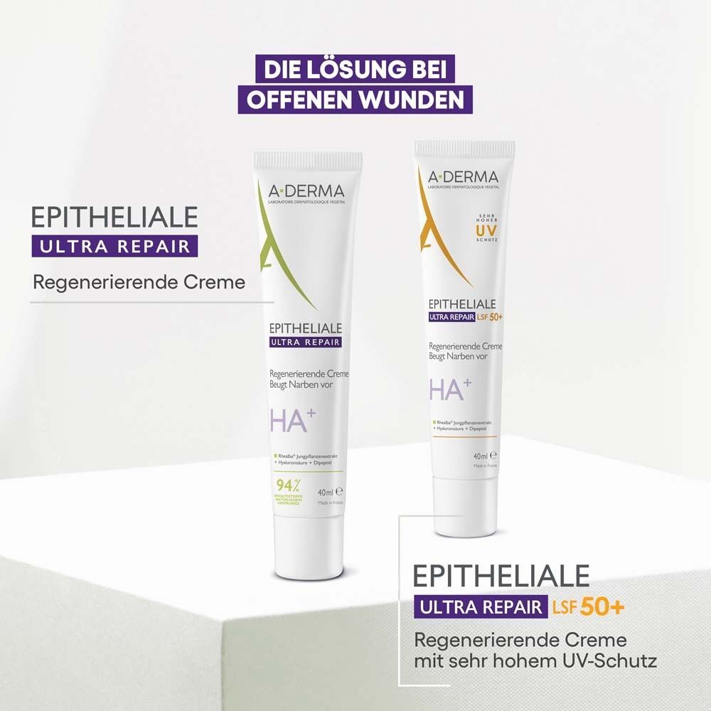Zwei Tuben A-DERMA EPITHELIALE ULTRA REPAIR Creme. Text: EPITHELIALE ULTRA REPAIR. Eine Tube mit LSF 50+. Text: Die Lösung bei offenen Wunden.