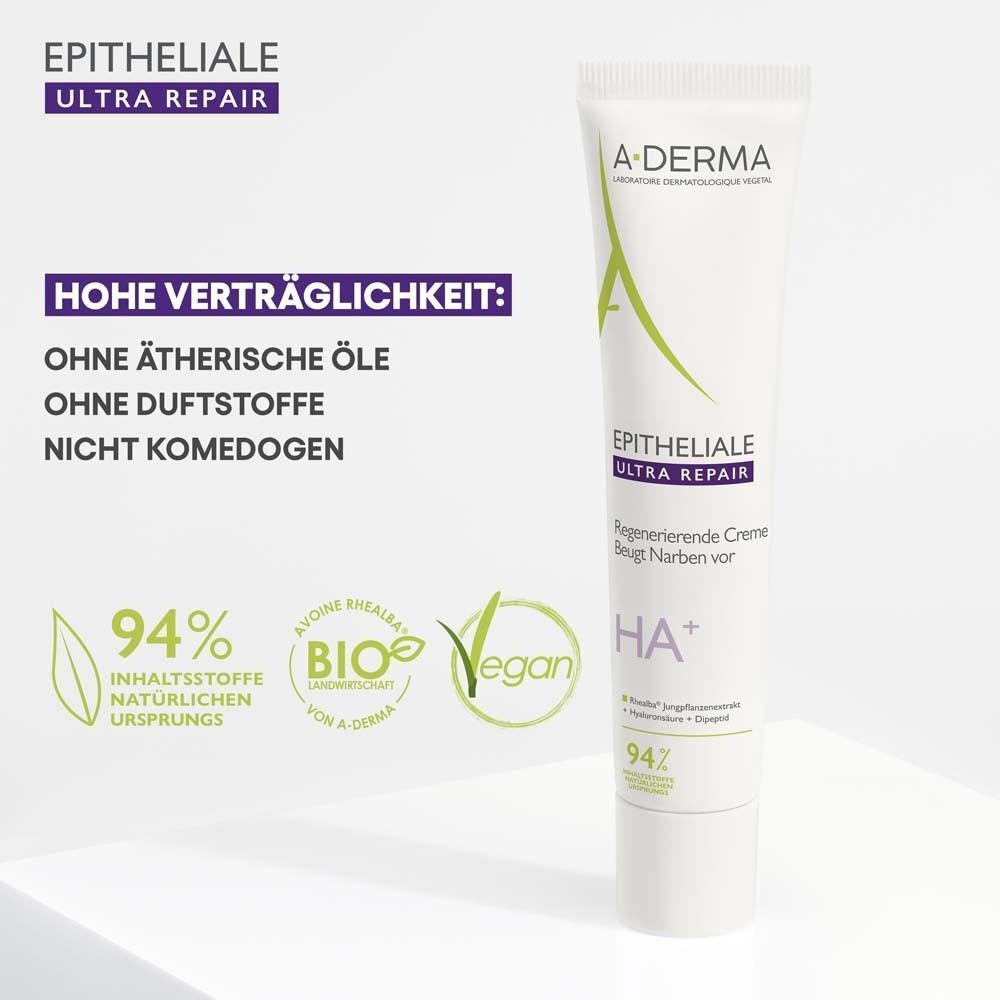 A-DERMA EPITHELIALE ULTRA REPAIR Creme-Tube. Text: EPITHELIALE ULTRA REPAIR. Text: Hohe Verträglichkeit: ohne ätherische Öle, ohne Duftstoffe.