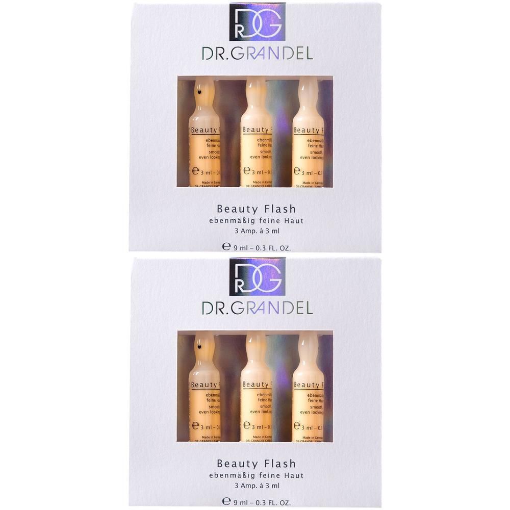 Zwei Packungen mit je drei Ampullen. Aufschrift: DR. GRANDEL, Beauty Flash. Weiße Verpackung mit Produktnamen und Logo.