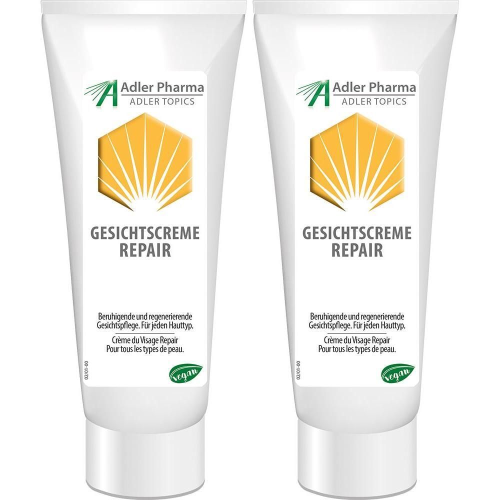 Zwei weiße Tuben GESICHTSCREME REPAIR. Auf jeder Tube Logo von Adler Pharma und Text. Vegan-Siegel unten.