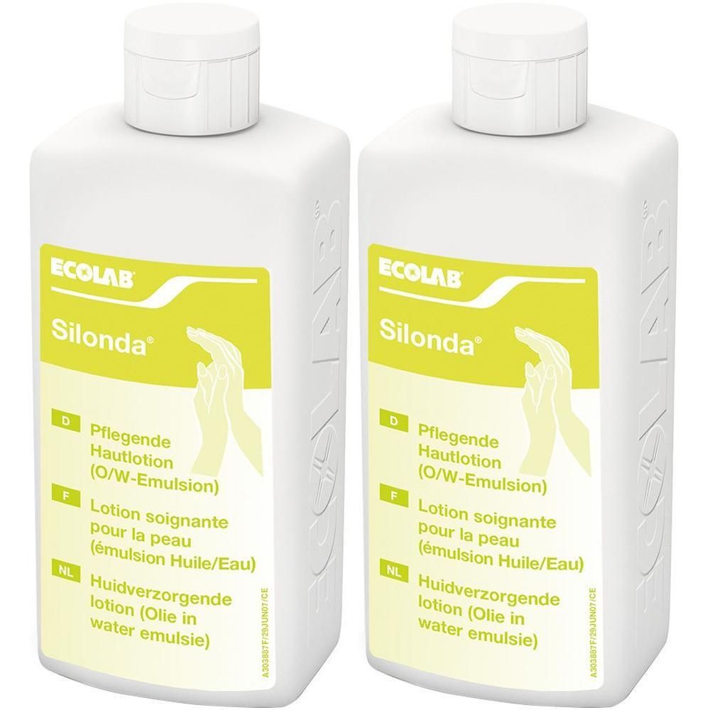 Zwei weiße Flaschen mit gelben Etiketten. Auf den Etiketten steht "Silonda" und verschiedene Sprachversionen.