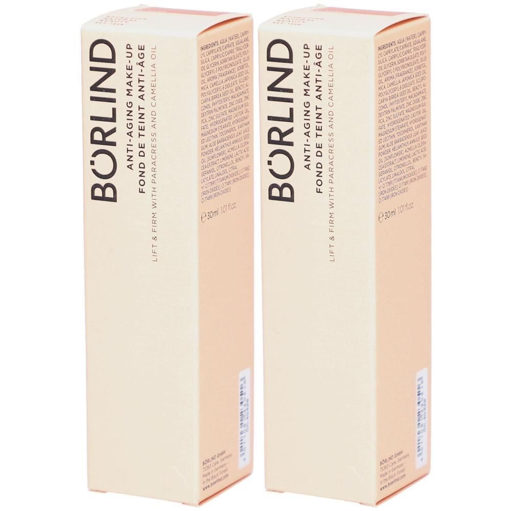 Zwei rechteckige Kartons. Aufschrift: BÖRLIND Anti-Aging Make-up, Fond de Teint Anti-Âge. Lift & Firm mit Parakresse und Kamelienöl.
