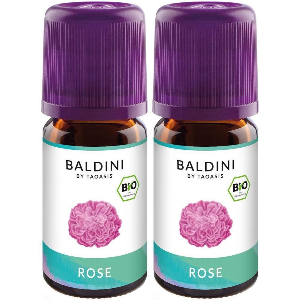 Zwei kleine Glasflaschen mit lila Deckel. Auf den Etiketten steht BALDINI, Rose und ein Bio-Siegel.