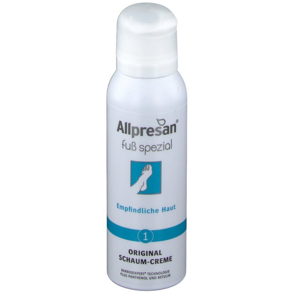 Weiße Sprühflasche mit Allpresan Fuß spezial. Aufschrift: Schaum-Creme, empfindliche Haut. Fuß-Symbol. Nummer 1.